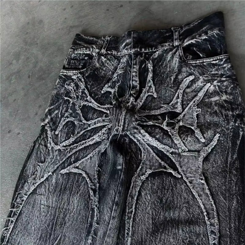Gothic Retro Baggy Unisex Mopping Pants Y2K Phantom Jeans High Street Spider Embroidered Patch Hip Hop Streetwear Straight Jeans