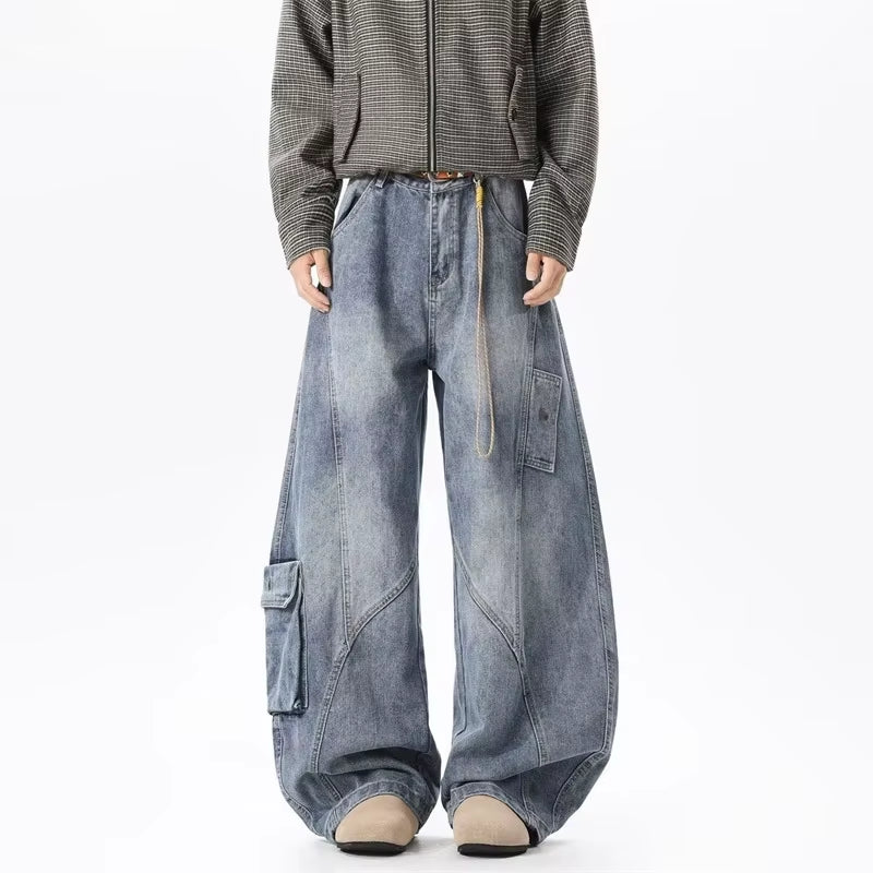 American Men'S Casual Pockets Cargo Baggy Jeans High Street Fashion Denim Pantalones Hombre Spliced Straight Wide Leg Jean