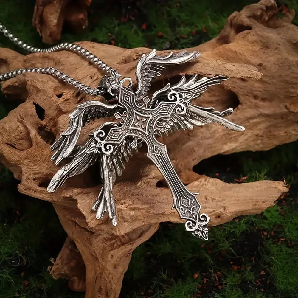 Angel Wings Cross Necklace Men Women Fashion goth