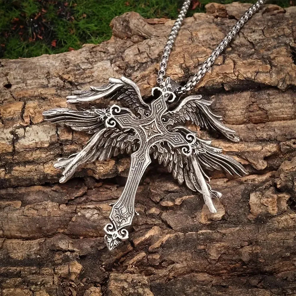 Angel Wings Cross Necklace Men Women Fashion goth
