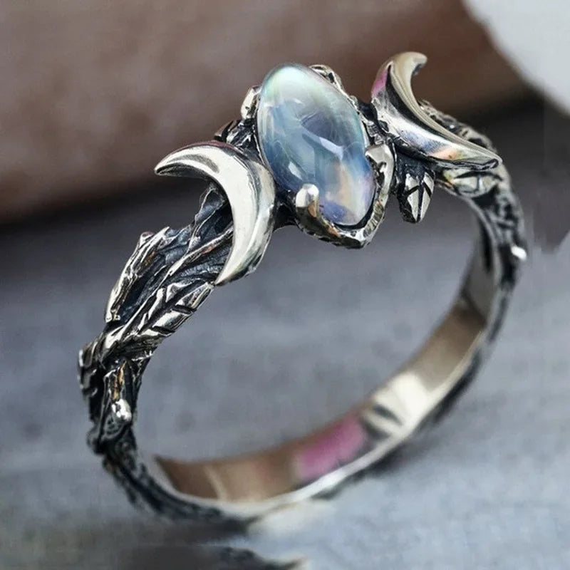 Imitation Moonstone Moon Ring for Women Vintage Party Jewelry Delicate Bohemian Style Finger Accessories for Party