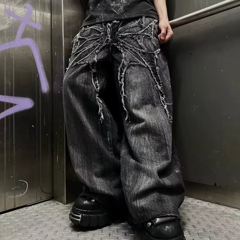 Gothic Retro Baggy Unisex Mopping Pants Y2K Phantom Jeans High Street Spider Embroidered Patch Hip Hop Streetwear Straight Jeans