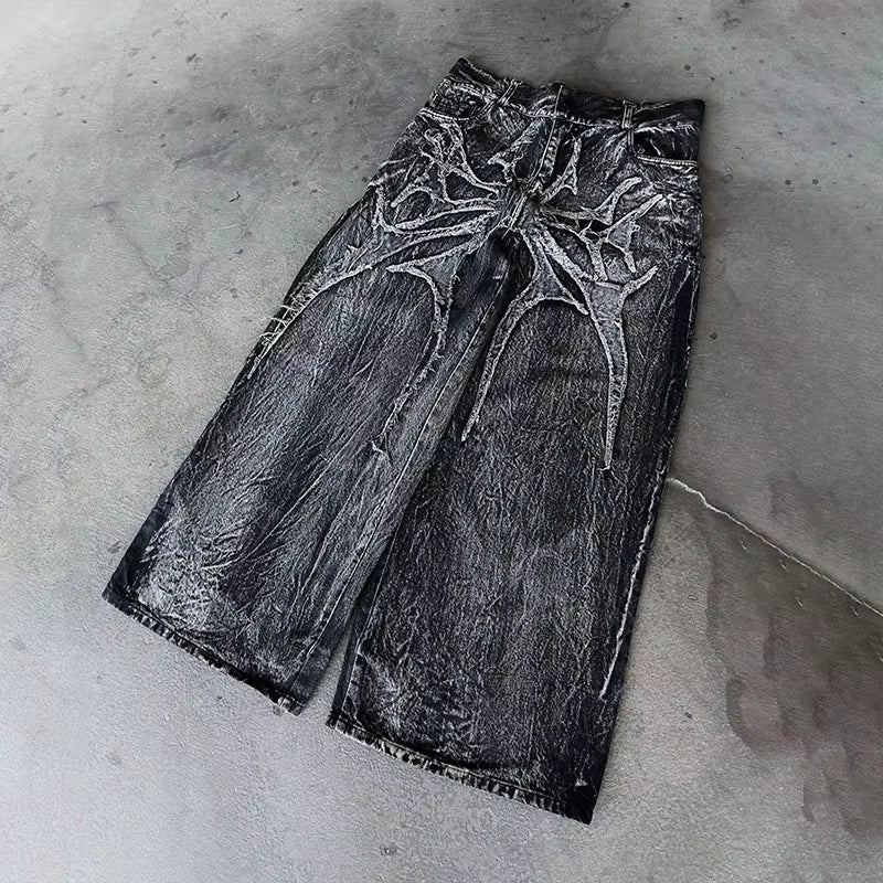 Gothic Retro Baggy Unisex Mopping Pants Y2K Phantom Jeans High Street Spider Embroidered Patch Hip Hop Streetwear Straight Jeans