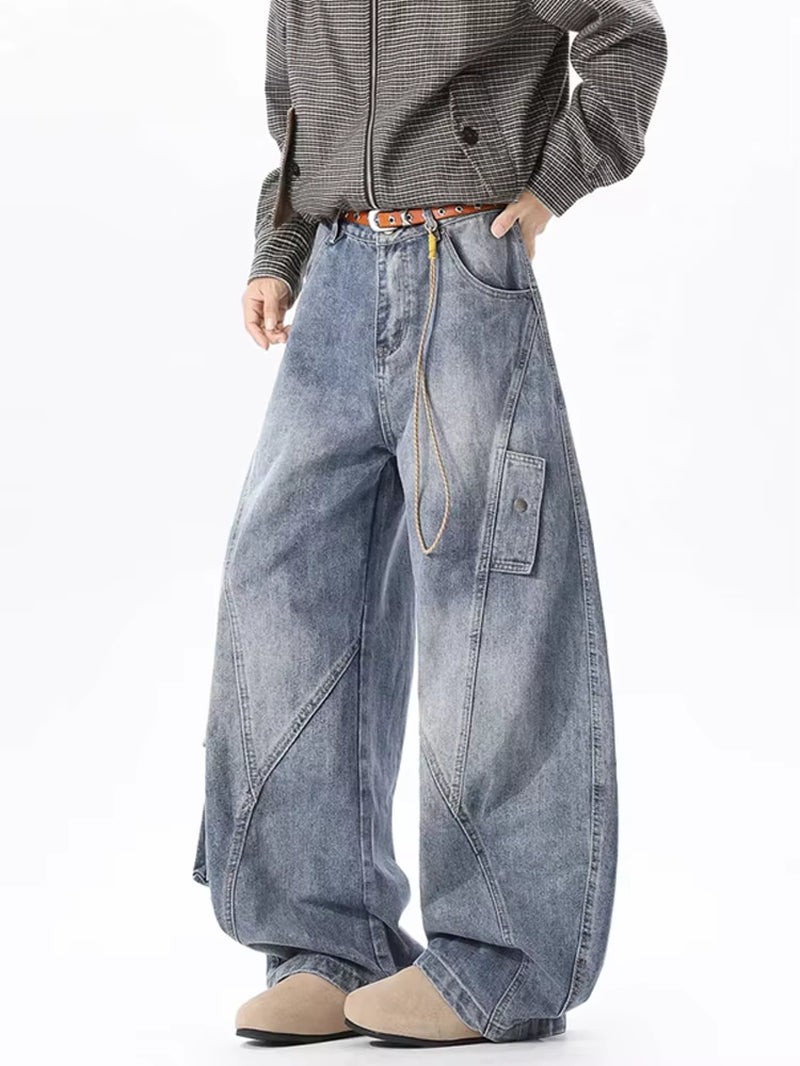 American Men'S Casual Pockets Cargo Baggy Jeans High Street Fashion Denim Pantalones Hombre Spliced Straight Wide Leg Jean
